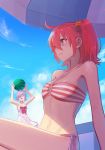  ahoge ball beach_umbrella beachball bikini blush breasts brilliant_summer commentary_request eyebrows_visible_through_hair eyes_visible_through_hair fate/grand_order fate_(series) fujimaru_ritsuka_(female) hair_between_eyes hair_ornament hair_over_one_eye hair_scrunchie halterneck highres lavender_hair looking_at_another looking_away mash_kyrielight multiple_girls navel o-ring o-ring_top one_side_up orange_eyes orange_hair orange_scrunchie purple_eyes scrunchie short_hair side_ponytail sitting small_breasts stomach striped striped_bikini swimsuit swimsuit_of_perpetual_summer umbrella yellow_scrunchie yue_(tada_no_saboten) 
