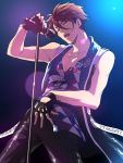  :o black_gloves black_pants brown_hair fingerless_gloves gloves holding holding_microphone idol idolish_7 lens_flare male_focus microphone microphone_stand music nami_(namida_sh) open_mouth pants pectorals simple_background singing sleeveless solo sweat tsunashi_ryuunosuke yellow_eyes 