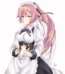  alternate_costume alternate_hairstyle apron bangs black_ribbon blush breasts collared_dress commentary corset eyebrows_visible_through_hair frilled girls_frontline hair_ribbon holding_teapot juliet_sleeves large_breasts long_hair long_sleeves looking_at_viewer maid maid_headdress ntw-20_(girls_frontline) parang pink_eyes pink_hair ponytail puffy_sleeves ribbon sidelocks signature simple_background solo tassel very_long_hair white_background 