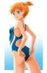  adjusting_clothes adjusting_swimsuit ass blue_eyes blue_swimsuit breasts competition_swimsuit cowboy_shot from_behind grin kasumi_(pokemon) looking_at_viewer looking_back one-piece_swimsuit one_side_up orange_hair pavelnedved11 pokemon pokemon_(game) pokemon_rgby short_hair short_twintails sideboob small_breasts smile solo standing swimsuit twintails 