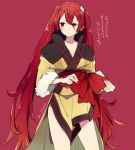  alternate_costume blush closed_mouth cosplay eudes_(fire_emblem) eudes_(fire_emblem)_(cosplay) fire_emblem fire_emblem:_kakusei fire_emblem_heroes long_hair long_sleeves pherae red_background red_eyes red_hair selena_(fire_emblem) simple_background solo standing twintails twitter_username 