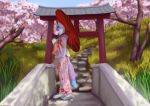  anthro canine clothed clothing fully_clothed fur grass green_eyes holding_object japan japanese_clothing kimono lemurlemurovich mammal parasol pink_fur tree wolf 