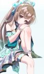  aqua_bow arm_warmers bare_shoulders bow bracelet brown_eyes brown_hair commentary_request flower flower_bracelet gold_trim hair_bow hair_flower hair_ornament head_rest idolmaster idolmaster_cinderella_girls idolmaster_cinderella_girls_starlight_stage jewelry knee_up long_hair looking_at_viewer misumi_(macaroni) ponytail simple_background solo thigh_strap white_background yorita_yoshino 