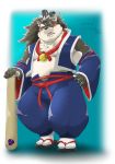 2018 agyou anthro blush canine clothed clothing cosplay dog exe_exem fully_clothed hat japanese_clothing kemono looking_at_viewer male mammal muscular muscular_male open_mouth ponytail scar shino_(housamo) slightly_chubby solo solo_focus tokyo_afterschool_summoners 