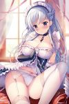  3: apron arm_support artist_name azur_lane bangs belfast_(azur_lane) blue_dress blurry blurry_background blush book_stack bow bow_panties braid breasts cameltoe chain cleavage closed_mouth collar collarbone commentary curtains day depth_of_field dress dress_lift dust_particles elbow_gloves eyebrows_visible_through_hair french_braid frilled_gloves frills garter_belt garter_straps gauntlets gloves hand_up head_tilt highres indoors large_breasts lifted_by_self long_hair looking_at_viewer maid maid_headdress medium_breasts navel panties pink_ribbon purple_eyes ribbon see-through sidelocks silver_hair sitting skirt skirt_lift smile solo sousouman sparkle stomach thighhighs underwear very_long_hair wet wet_clothes white_gloves white_legwear white_panties window 