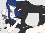  androgynous bangs black_gloves black_neckwear black_shorts blue_hair blush collared_shirt elbow_gloves eyelashes gem_uniform_(houseki_no_kuni) ghost_quartz_(houseki_no_kuni) gloves hair_over_one_eye hat0g0han houseki_no_kuni lapis_lazuli_(houseki_no_kuni) long_hair multiple_others necktie open_mouth pinned puffy_short_sleeves puffy_sleeves shirt short_hair short_hair_with_long_locks short_shorts short_sleeves shorts smile white_hair 