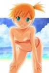  bent_over bikini blush breasts cleavage collarbone green_eyes grin hands_on_own_knees kasumi_(pokemon) looking_at_viewer navel one_side_up orange_hair pavelnedved11 pokemon pokemon_(game) pokemon_rgby red_bikini small_breasts smile solo standing strapless strapless_bikini swimsuit 