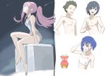  2girls absurdres bangs bare_shoulders barefoot bikini bikini_top black_hair blue_hair breasts brown_hair cleavage collarbone commentary_request darling_in_the_franxx eyebrows_visible_through_hair gloves green_eyes hair_ornament hairband hairclip hand_on_own_head hand_up high_ponytail highres hiro_(darling_in_the_franxx) hitsujibane horns ichigo_(darling_in_the_franxx) long_hair medium_breasts meteor_shower mitsuru_(darling_in_the_franxx) multiple_boys multiple_girls night night_sky no_nipples oni_horns pink_hair ponytail red_horns shirtless short_hair sitting sky small_breasts star star_(sky) starry_sky swimsuit thighs white_bikini white_bikini_top white_hairband white_swimsuit zero_two_(darling_in_the_franxx) 