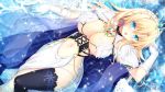  black_legwear blonde_hair blue_eyes blush breasts cape collar collarbone cross-laced_clothes crown curvy earrings gloves gold_trim highres iris_december_uncry jewelry large_breasts long_hair looking_at_viewer lying_on_water navel nora_to_oujo_to_noraneko_heart o-ring oozora_itsuki princess solo white_gloves 