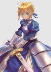  1girl absurdres ahoge aqua_eyes armor armored_dress artoria_pendragon_(all) blonde_hair blue_dress blue_ribbon braided_bun dress excalibur eyebrows_visible_through_hair fate/stay_night fate_(series) faulds gauntlets grey_background hair_ribbon highres holding holding_sword holding_weapon looking_at_viewer ribbon saber short_hair simple_background solo standing sword tied_hair weapon yorishiem 