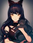 black_cat black_dress black_hair blake_belladonna bow cat closed_mouth commentary dress english_commentary grey_background hair_bow holding holding_cat long_hair looking_at_viewer red_bow rwby satchely solo upper_body yellow_eyes 