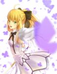  :d ahoge artoria_pendragon_(all) black_bow blonde_hair bow bowtie breasts choker cleavage cowboy_shot dress excalibur eyebrows_visible_through_hair fate/unlimited_codes fate_(series) gloves green_eyes hair_between_eyes hair_bow holding holding_sword holding_weapon long_hair looking_at_viewer open_mouth outstretched_arms ponytail saber_lily short_dress sideboob sleeveless sleeveless_dress small_breasts smile solo standing strapless strapless_dress sword weapon white_dress white_gloves yeh_(354162698) 