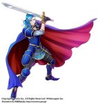  armor black_gloves blue_cape blue_eyes blue_footwear blue_hair cape cuts gloves greaves holding holding_sword holding_weapon injury long_hair looking_at_viewer official_art paranai red_cape scar sword watermark weapon wii_hola 