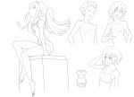  2boys 2girls absurdres bangs bare_shoulders barefoot bikini bikini_top breasts brown_hair cleavage collarbone commentary_request darling_in_the_franxx eyebrows_visible_through_hair greyscale hair_ornament hairband hairclip hand_on_own_head hand_up high_ponytail highres hiro_(darling_in_the_franxx) hitsujibane horns ichigo_(darling_in_the_franxx) long_hair medium_breasts meteor_shower mitsuru_(darling_in_the_franxx) monochrome multiple_boys multiple_girls night night_sky no_nipples oni_horns ponytail red_horns shirtless short_hair sitting sky small_breasts star star_(sky) starry_sky swimsuit thighs zero_two_(darling_in_the_franxx) 
