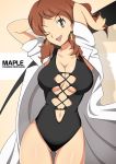  1girl ;d breasts brown_eyes brown_hair cleavage lab_coat large_breasts looking_at_viewer navel one_eye_closed open_mouth original original_character pokemon smile solo tagme vivivoovoo winking 