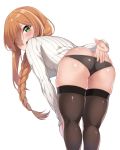  1girl artist_request ass bent_over blush braid breasts butt_crack covering covering_ass embarrassed from_behind girls_frontline green_eyes hair_over_one_eye large_breasts leaning leaning_forward long_hair looking_at_viewer m1903_springfield_(girls_frontline) one_eye_closed open_mouth panties ribbed_sweater shiny shiny_clothes shiny_hair shiny_skin single_braid solo sweater thighhighs underwear 
