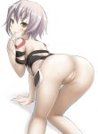  1girl ass closed_mouth dkoro facial_scar fate/apocrypha fate_(series) female finger_to_mouth jack_the_ripper_(fate/apocrypha) looking_at_viewer looking_back pussy scar scar_across_eye scar_on_cheek shoulder_tattoo silver_hair smile solo tattoo uncensored 