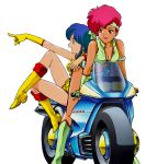  80s blue_eyes blue_hair boots breasts cleavage dark_skin dirty_pair earrings ground_vehicle headband jewelry kei_(dirty_pair) knee_boots leaning_forward motor_vehicle motorcycle multiple_girls non-web_source official_art oldschool on_motorcycle open_mouth pointing red_eyes red_hair simple_background smile white_background yuri_(dirty_pair) 