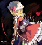  blonde_hair check_commentary commentary commentary_request flandre_scarlet from_behind hat highres laevatein lucky_small_pride short_hair sketch solo standing touhou wings 