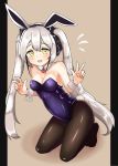  absurdres animal_ears blush breasts bunny_ears bunny_girl bunnysuit cleavage collarbone commentary destroyer_(girls_frontline) double_v finesoda girls_frontline headphones highres kneeling long_hair looking_at_viewer open_mouth pantyhose silver_hair simple_background solo twintails v yellow_eyes 