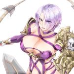  1girl aqua_eyes armor breasts cleavage collar commentary_request covered_navel eyes_visible_through_hair gauntlets gloves hair_over_one_eye isabella_valentine large_breasts makeup pauldrons purple_legwear revealing_clothes short_hair silver_hair single_gauntlet soulcalibur sword weapon whip whip_sword 