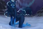  2018 anthro blue_fur blue_nose breasts canine detailed_background digital_media_(artwork) featureless_breasts female fur kneeling mammal night outside satsukii snow solo video_games warcraft 