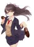  black_skirt brown_eyes brown_footwear brown_hair brown_vest half_updo highres long_hair looking_at_viewer necktie original red_neckwear school_uniform shiro_(aotatikoma) shoes shoes_removed simple_background skirt solo standing vest white_background 