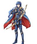  armor armored_boots arrow bangs belt blue_eyes blue_hair boots bow_(weapon) breastplate cape closed_mouth fire_emblem fire_emblem:_kakusei fire_emblem_heroes full_body gauntlets highres holding holding_bow_(weapon) holding_weapon jewelry long_hair looking_at_viewer lucina non-web_source official_art shiny shiny_hair shoulder_armor shoulder_pads sidelocks smile solo standing tiara transparent_background turtleneck weapon yamada_koutarou 