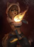  2018 anthro breasts brown_hair canine chest_wraps clothed clothing female fire fully_clothed green_eyes hair holding_object knife magic_user mammal midriff nayel-ie smile solo wraps 