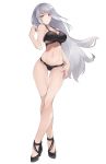 absurdres bare_shoulders bikini breasts cleavage eyes_visible_through_hair full_body girls_frontline high_heels highres jewelry large_breasts long_hair misaki159123 parted_lips pinky_ring pk_(girls_frontline) pose red_eyes ring silver_hair simple_background swimsuit 