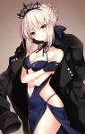  artoria_pendragon_(all) artoria_pendragon_(swimsuit_rider_alter) bangs bare_shoulders black_coat black_gloves blonde_hair blue_dress blush braid breasts cleavage coat collarbone commentary_request cowboy_shot dress fate/grand_order fate_(series) french_braid gloves hair_bun jacket_on_shoulders looking_at_viewer medium_breasts navel navel_cutout no_bra nogi_takayoshi open_clothes open_coat pelvic_curtain saber_alter sleeveless sleeveless_dress smile standing tiara yellow_eyes 