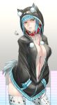  :&lt; aqua_hair breasts cleavage collarbone commentary_request contrapposto eyebrows_visible_through_hair hands_in_pockets headphones highres hood hoodie jikeshi large_breasts musical_note musical_note_print naked_hoodie open_clothes original short_hair skindentation solo standing tail thighhighs thighs white_background yellow_eyes 