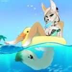  2018 4_toes 5_fingers anthro bikini black_nose blonde_hair blue_eyes breasts canine cleavage clothed clothing day detailed_background eyelashes feathers female fennec food fox fully_clothed hair holding_object licking mammal outside partially_submerged popsicle savemekitty sky solo swimsuit toes tongue tongue_out water white_hair 