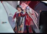  1girl bangs black_hair black_legwear blood blood_on_face blue_eyes character_name coat commentary couple darling_in_the_franxx english_commentary gloves gold_trim green_eyes hair_ornament hairband hetero hiro_(darling_in_the_franxx) horns hug hug_from_behind jacket_on_shoulders letterboxed long_coat long_hair long_sleeves looking_at_viewer mamezoo mecha military military_uniform necktie oni_horns orange_neckwear pantyhose pink_hair realistic red_horns red_neckwear strelizia uniform white_coat white_gloves white_hairband zero_two_(darling_in_the_franxx) 