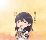  =_= ahoge brown_hair chibi comic commentary eating eyebrows_visible_through_hair food holding holding_food ice_cream kantai_collection licking long_hair lowres otoufu short_sleeves solo translated upper_body ushio_(kantai_collection) yellow_background 