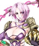  1girl aqua_eyes armor breasts cleavage collar collarbone commentary_request eyes_visible_through_hair gauntlets gloves hair_over_one_eye isabella_valentine large_breasts makeup pauldrons revealing_clothes short_hair silver_hair single_gauntlet soulcalibur sword weapon whip whip_sword 
