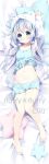  animal_hood arms_up bangs barefoot bed_sheet blue_camisole blue_eyes blue_hair blue_shorts blush bunny_hood camisole closed_mouth dakimakura eyebrows_visible_through_hair gochuumon_wa_usagi_desu_ka? hair_between_eyes hair_ornament head_tilt highres hood kafuu_chino long_hair long_sleeves looking_at_viewer low_twintails midriff navel neki_(wakiko) pillow pillow_grab sheet_grab short_shorts shorts sleeves_past_wrists solo star star_pillow stomach twintails very_long_hair watermark x_hair_ornament 