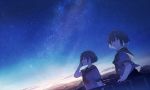  bangs blue commentary dusk dutch_angle hand_in_hair hand_on_railing highres mifuru multiple_girls neckerchief original outdoors school_uniform serafuku shirt short_hair short_sleeves sky star_(sky) starry_sky 