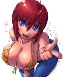  ahoge amania_orz bare_shoulders blue_eyes breasts cleavage commentary_request denim gundam gundam_seed gundam_seed_destiny jeans large_breasts lunamaria_hawke open_mouth pants red_hair short_hair solo swimsuit 