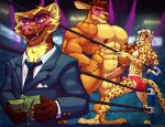  2018 5_fingers abs anthro anthro_on_anthro balls biceps big_pecs blue_eyes briefs brown_hair butt cheetah clothed clothing dangaroo dives_(kihu) erection eyewear feline fighting_ring glasses gold_(metal) gold_tooth group hair humanoid_penis hypnosis kangaroo kihu male male/male mammal marsupial mind_control money muscular muscular_male naughty_smile navel necktie nipples nude pecs penis red_underwear size_difference smile spiral_eyes suit tenting topless underwear 