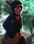  2018 anthro blue_eyes blurred_background canine clothed clothing female fully_clothed fur mammal nayel-ie red_fur smile solo 