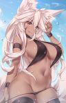  :p animal_ear_fluff animal_ears armband artist_name aurora_(kanachirou) bangs bikini black_bikini black_legwear blue_sky blush breasts closed_mouth commentary cowboy_shot criss-cross_halter dark_skin day english_commentary eyebrows_visible_through_hair facial_mark fang fingernails fox_ears fox_tail hair_between_eyes halterneck hand_in_hair hips kanachirou large_breasts long_hair looking_at_viewer navel original outdoors panties panty_pull purple_eyes sideboob simple_background sky smile solo swimsuit tail thighhighs tongue tongue_out twitter_username underwear water_drop wet white_background white_hair wristband 