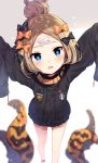  abigail_williams_(fate/grand_order) arms_up bangs black_bow black_coat black_jacket blonde_hair blue_eyes blurry blurry_background blush bow commentary fate/grand_order fate_(series) hair_bow hair_bun heroic_spirit_traveling_outfit highres jacket long_hair long_sleeves looking_at_viewer mafuyu_(chibi21) open_mouth orange_bow parted_bangs polka_dot polka_dot_bow sleeves_past_fingers sleeves_past_wrists smile solo standing star star-shaped_pupils symbol-shaped_pupils 