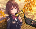  1girl bench blazer blush bow brown_hair commentary_request dress_shirt fukahire_(ruinon) holding holding_leaf image_sample jacket leaf mellkiss plaid plaid_bow plaid_neckwear purple_eyes school_uniform shade shirt short_hair sitting smile solo tree_branch tumblr_sample 