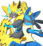  blue_fur claws commentary_request drop_shadow fangs gen_4_pokemon gen_7_pokemon highres katios_0215 lucario no_humans open_mouth paws pokemon pokemon_(creature) red_eyes simple_background slit_pupils white_background yellow_fur zeraora 