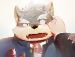  2017 anthro black_nose canine claws clothed clothing dog duo fangs fur gharne mammal moritaka multicolored_fur open_mouth scar simple_background tokyo_afterschool_summoners two_tone_fur white_background 