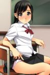  black_eyes black_hair black_skirt blush bow chair collared_shirt commentary_request desk fingernails highres indoors lifted_by_self long_hair looking_at_viewer matsunaga_kouyou nose_blush original panties parted_lips pink_panties pleated_skirt red_bow school_chair school_desk shirt short_sleeves sitting skirt skirt_lift solo underwear white_shirt 