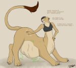  ambiguous_prey belly big_belly calinbeast ear_piercing feline female hand_on_hip lion mammal piercing stomach_noises taunting taur tongue tongue_out vore 