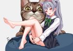 :d animal_ears artist_name ass bare_legs barefoot black_dress blush bow bowtie brown_cat cat cat_ears chinese_commentary commentary_request dress fangs feet fkey full_body green_bow green_neckwear grey_background knees_up lace-trimmed_collar leg_up long_hair long_sleeves looking_at_viewer one_side_up open_mouth original panties pantyshot pantyshot_(sitting) red_eyes shirt short_dress signature silver_hair simple_background sitting smile solo thighs underwear white_panties white_shirt wing_collar 