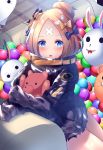  abigail_williams_(fate/grand_order) absurdres ball bangs black_bow black_jacket blonde_hair blue_eyes blush bow commentary_request couch fate/grand_order fate_(series) hair_bow hair_bun heroic_spirit_traveling_outfit highres jacket long_hair long_sleeves looking_at_viewer medjed object_hug orange_bow parted_bangs parted_lips polka_dot polka_dot_bow sitting sleeves_past_fingers sleeves_past_wrists solo_focus stuffed_animal stuffed_toy suisen-21 teddy_bear 